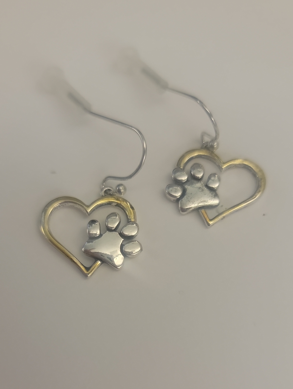 Heart Paw Dangle Earrings - Two-Tone Silver & Gold